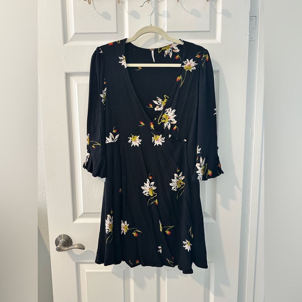 Free People Black Floral Wrap Mini Dress Size M Boho Flowy